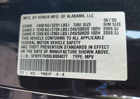 2020 Honda Passport 2Wd Ex-L из США, поврежденный, VIN 5FNYF7H59LB004077